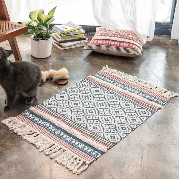 Geometric Boho Rug, Hand Woven Cotton Linen, 2' x 3'