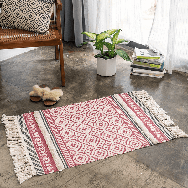 Geometric Boho Rug, Hand Woven Cotton Linen, 2' x 3'