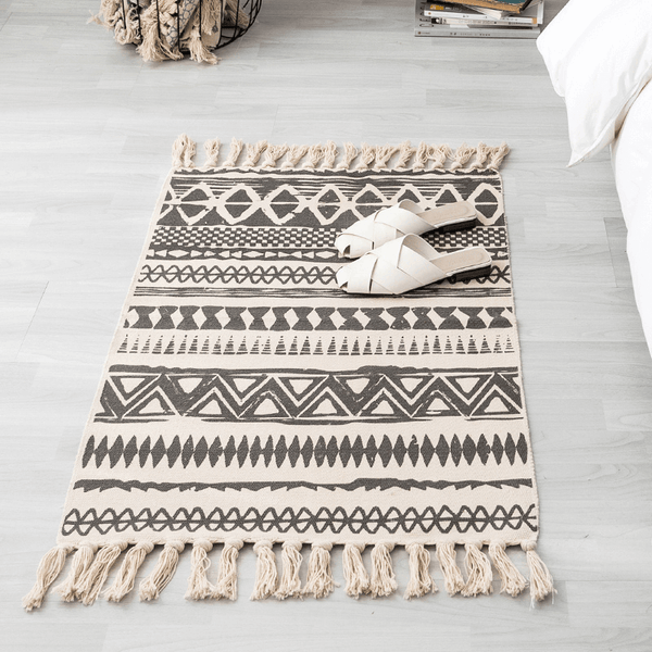 Geometric Boho Rug, Hand Woven Cotton Linen, 2' x 3'