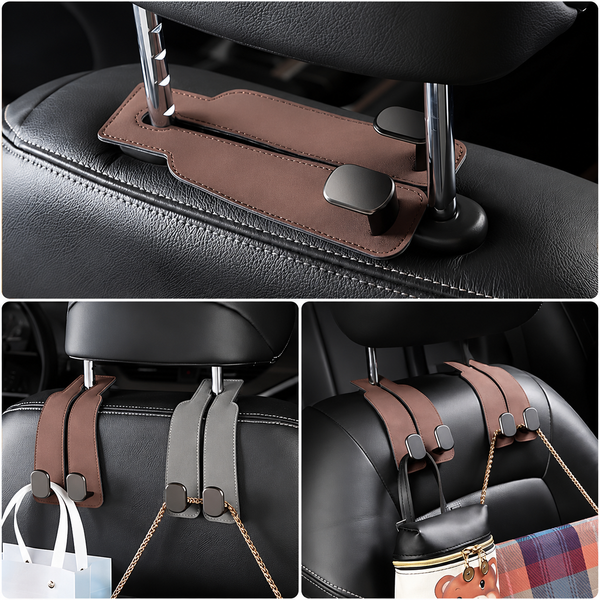 2PCS Leather Car Seat Headrest Hooks – Double Metal Purse & Bag Hangers