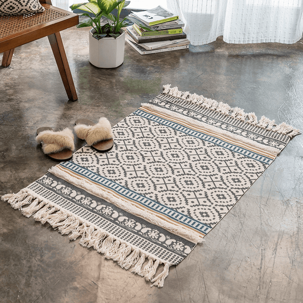 Geometric Boho Rug, Hand Woven Cotton Linen, 2' x 3'