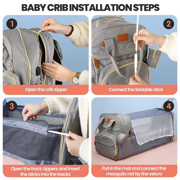 3-in-1 Diaper Bag Backpack - Foldable Bed & Mosquito Net