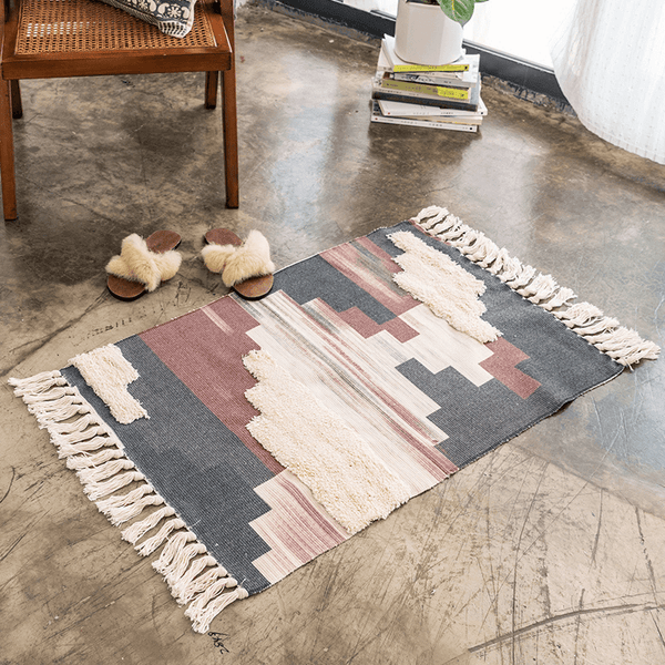 Geometric Boho Rug, Hand Woven Cotton Linen, 2' x 3'