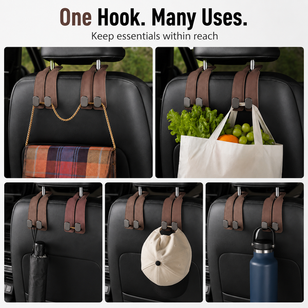 2PCS Leather Car Seat Headrest Hooks – Double Metal Purse & Bag Hangers